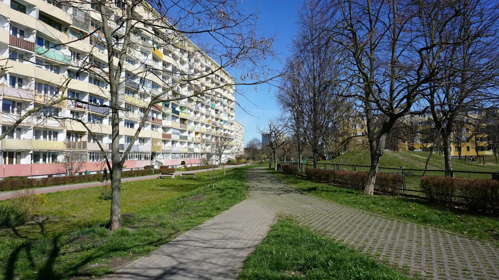 Blok z wielkiej płyty i chodnik między drzewami